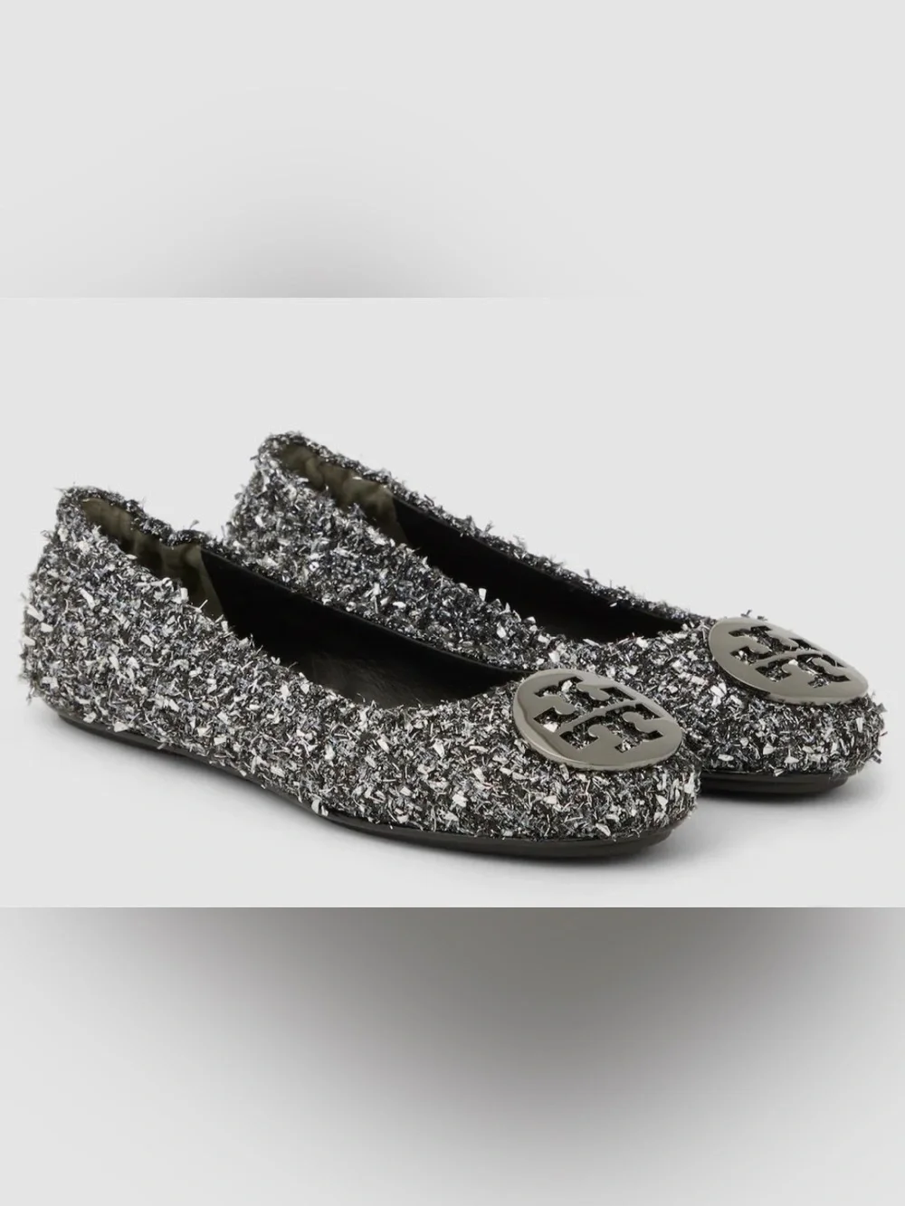 Tory Burch Silver Tweed Logo Ballet Flats